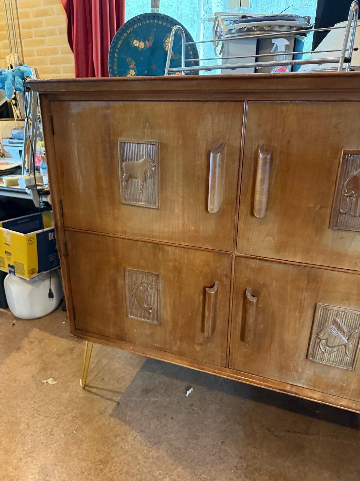Vintage Louis van Teeffelen dressoir jaren '50 dierenreliëfs, Ophalen, Gebruikt, 100 tot 150 cm, Louiie van teefelen
