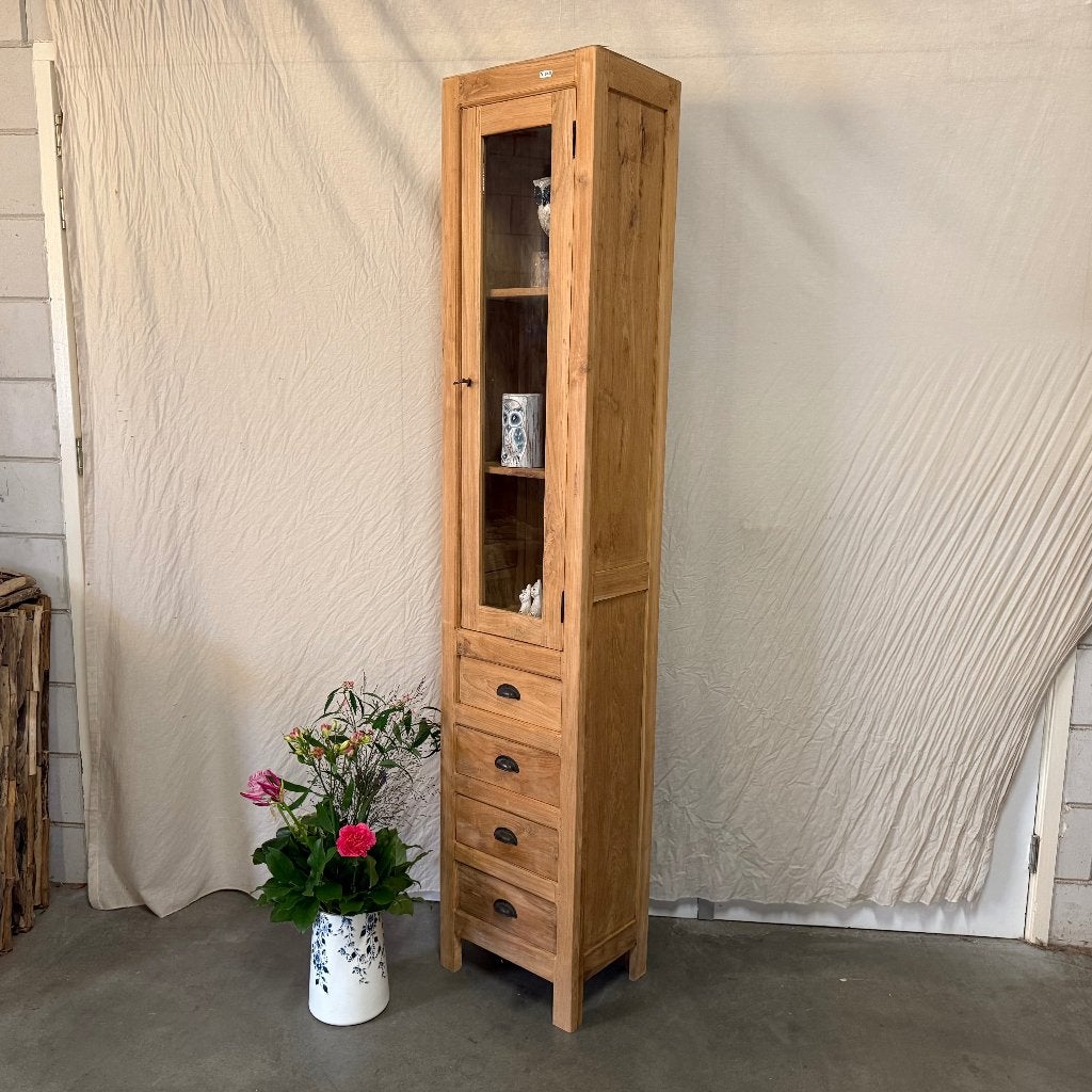 smalle vitrinekast teak - 40 cm breed - Gratis bezorgd, TTM Wonen, Meubels – (Perzische) Tapijten en Woonaccessoires, Minder dan 50 cm