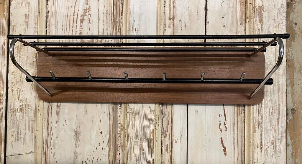 Vintage Wand- Kapstok, Teakhout , Chroom, Zwart, Jaren ‘50., Wandkapstok, -, -, Ophalen of Verzenden