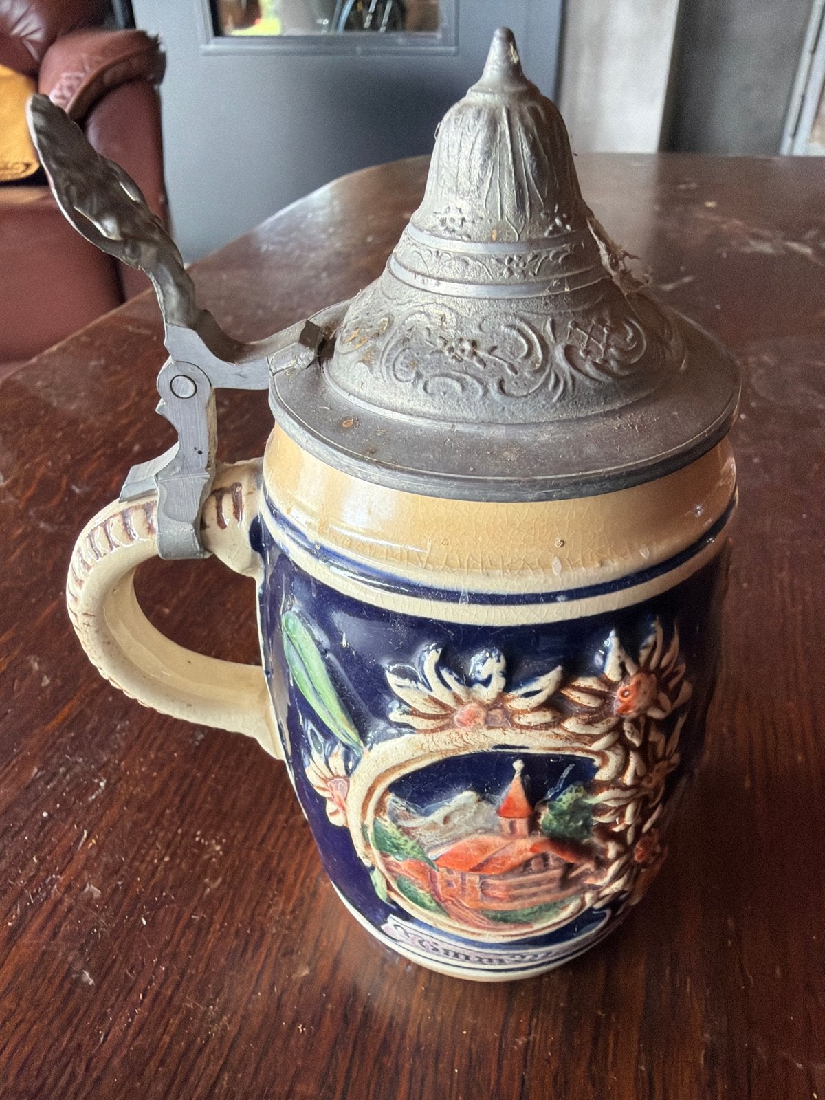 Vintage Bierpul met Tinnen Deksel - Duitsland, Antiek en Kunst, Ophalen of Verzenden