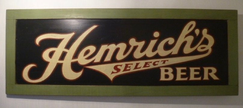 Groot vintage houten bier bord / Hemrich's Beer / Amerika, Ophalen of Verzenden, Zo goed als nieuw, Reclamebord, Plaat of Schild