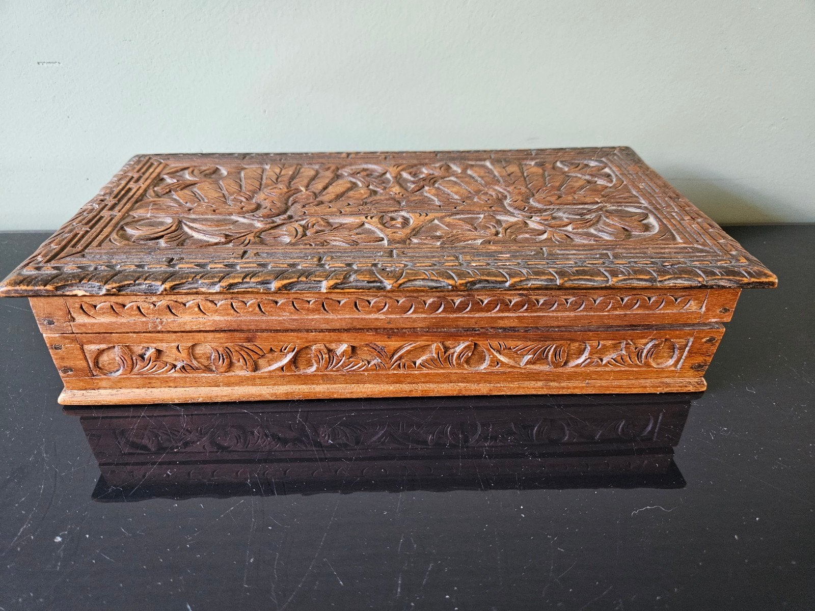 Vintage handgesneden houten doos met vogelmotief, Ophalen of Verzenden