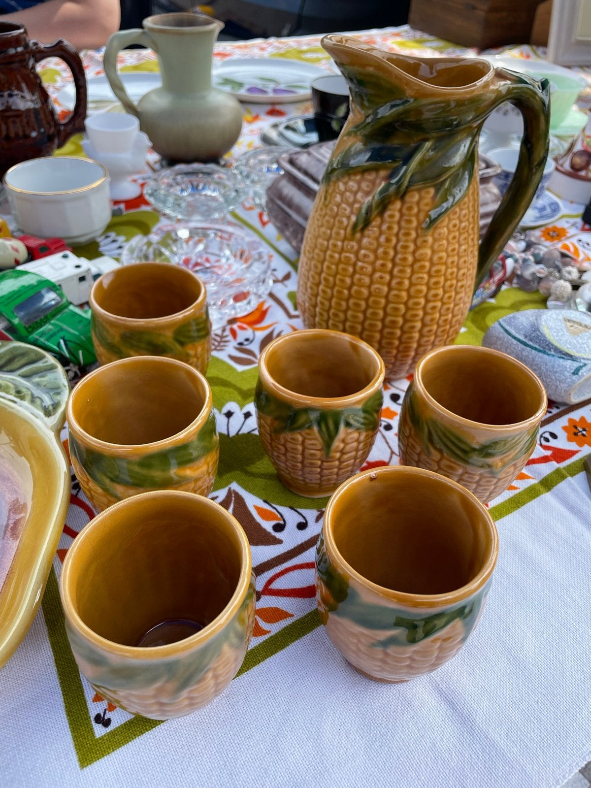 Vintage Majolica Maïskolf Servies: 6 Kopjes & Kan - Hongaars, Ophalen of Verzenden