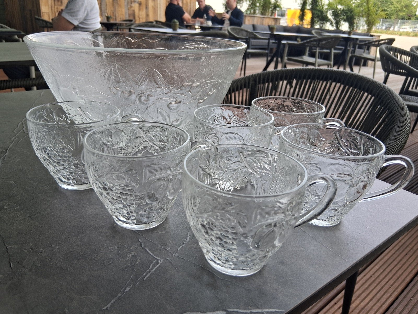 Vintage Glazen Punch bowl Set met Kom en 6 Kopjes, Ophalen of Verzenden