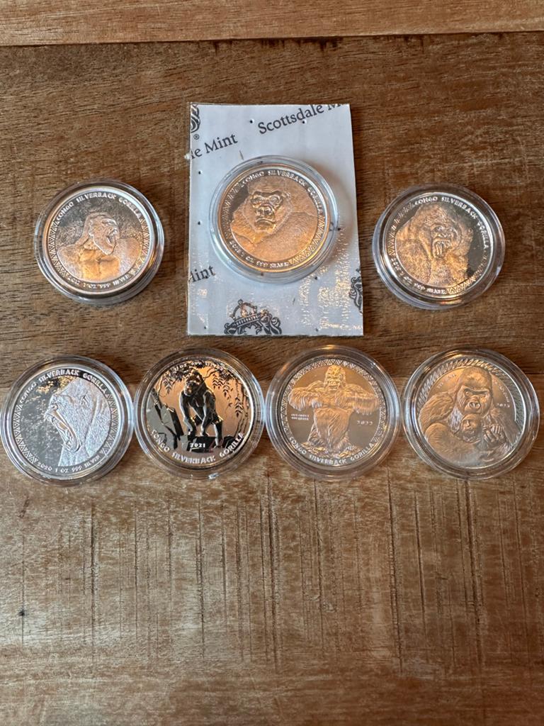 Set van 7 Congo Silverback Gorilla zilveren munten 2017-2023, Ophalen of Verzenden