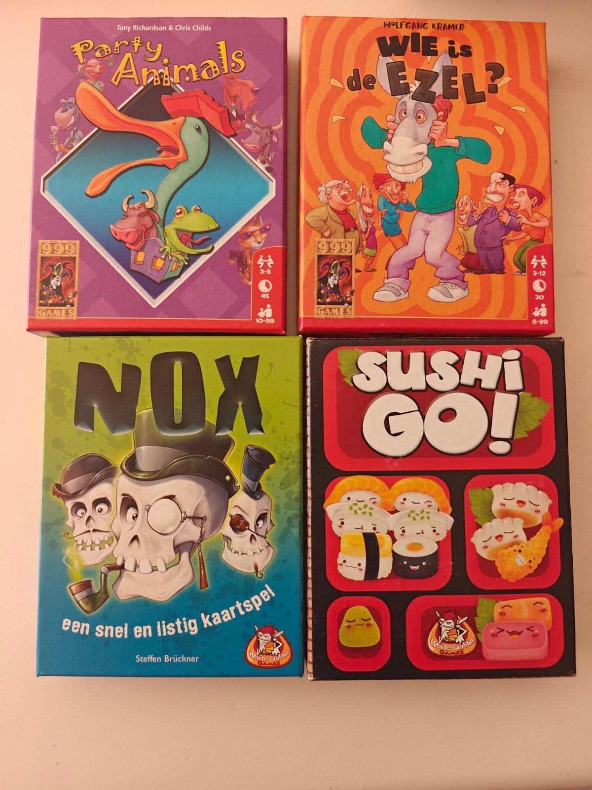 Party Animals, Wie is de Ezel?, Nox, Sushi G, Vijf spelers of meer, Ophalen of Verzenden, Gebruikt, 999 Games