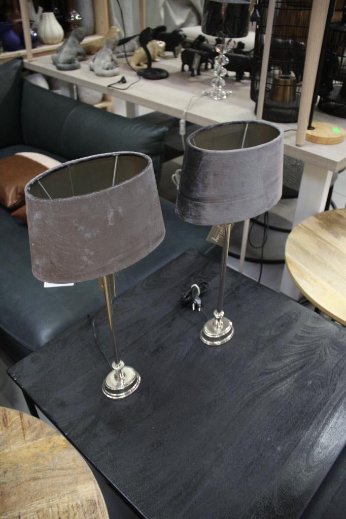 2 x mooie tafellamp schemerlamp metaal velvet grijs zilver, Ophalen of Verzenden, Zo goed als nieuw