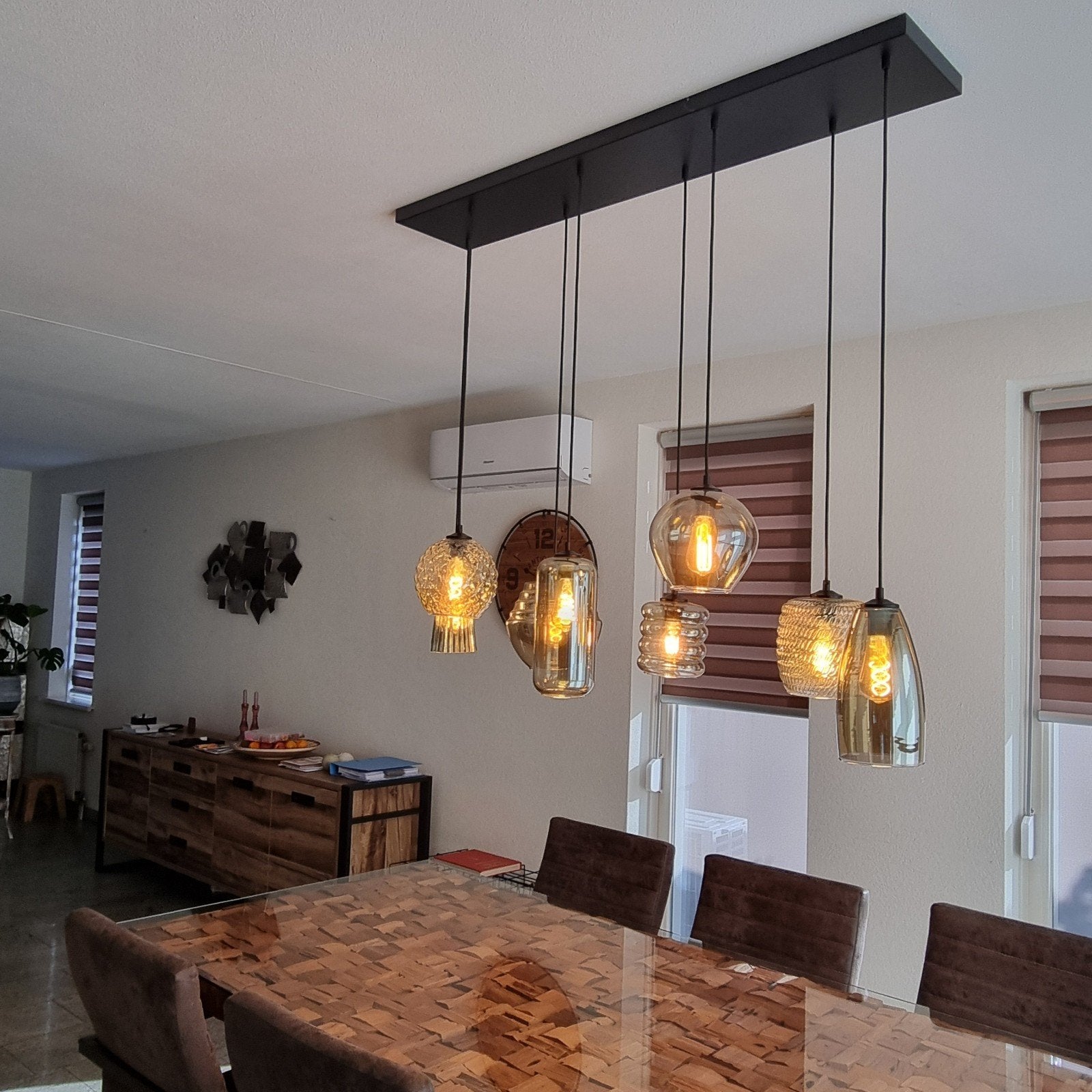Moderne hanglamp met 8 glazen kappen - Eetkamerlamp, Modern, Industrieel, Sfeervol, Zo goed als nieuw, Glas, E27 (groot)