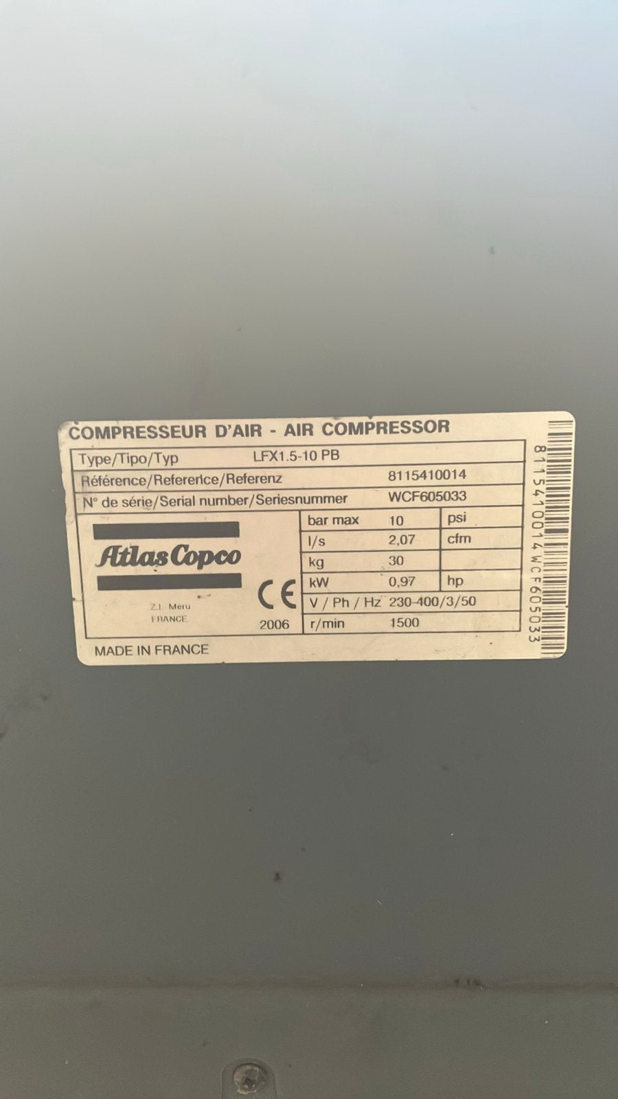 Atlas Copco LFX1.5-10 PB Compressor - Gebruikt, Ophalen, Gebruikt, 10 bar of meer, Minder dan 200 liter/min