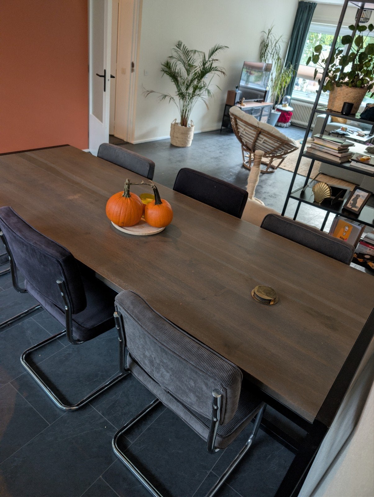 Eettafel met stalen frame en eiken blad (230*95 cm), Huis en Inrichting, Ophalen, Gebruikt, 200 cm of meer, 50 tot 100 cm