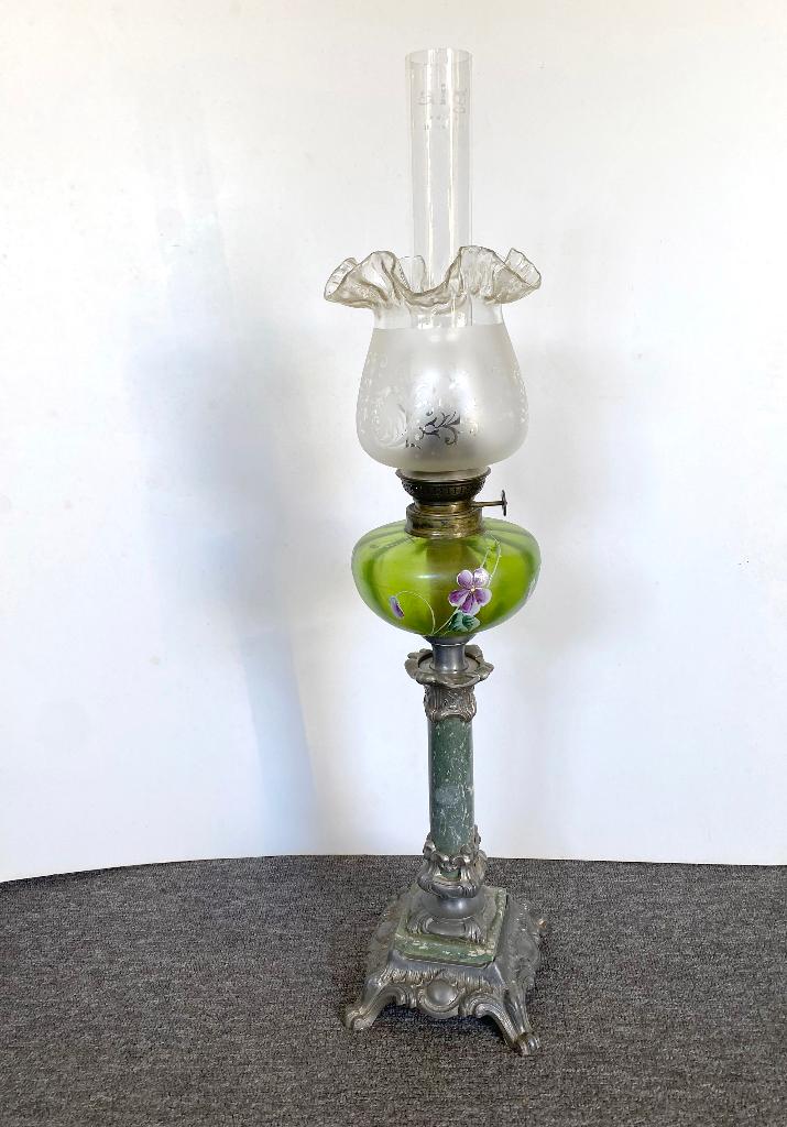 handbeschilderde staande olielamp, Nederlands, 19e eeuw, Antiek en Kunst, Antiek | Lampen, Ophalen