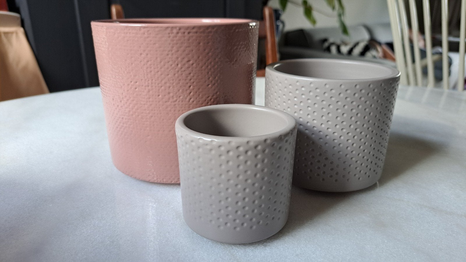 Set 3 x Mica bloempot grijs en oud roze, Kunststof, Rond, Nieuw, Ophalen of Verzenden