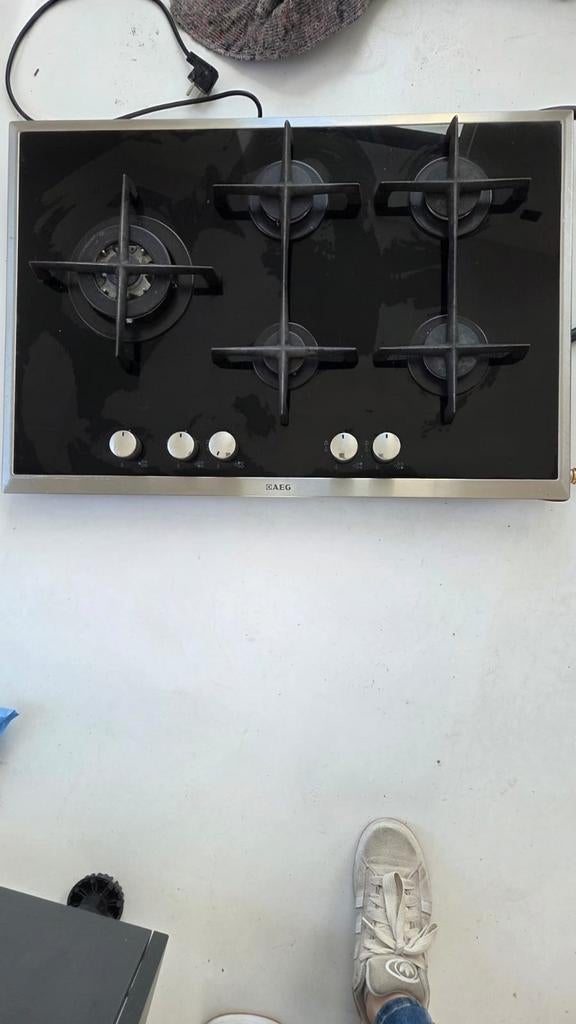 AEG 5-pits gaskookplaat - Zwart glas, Witgoed en Apparatuur, Kookplaten, Gebruikt, Ophalen of Verzenden, Inbouw, Gas
