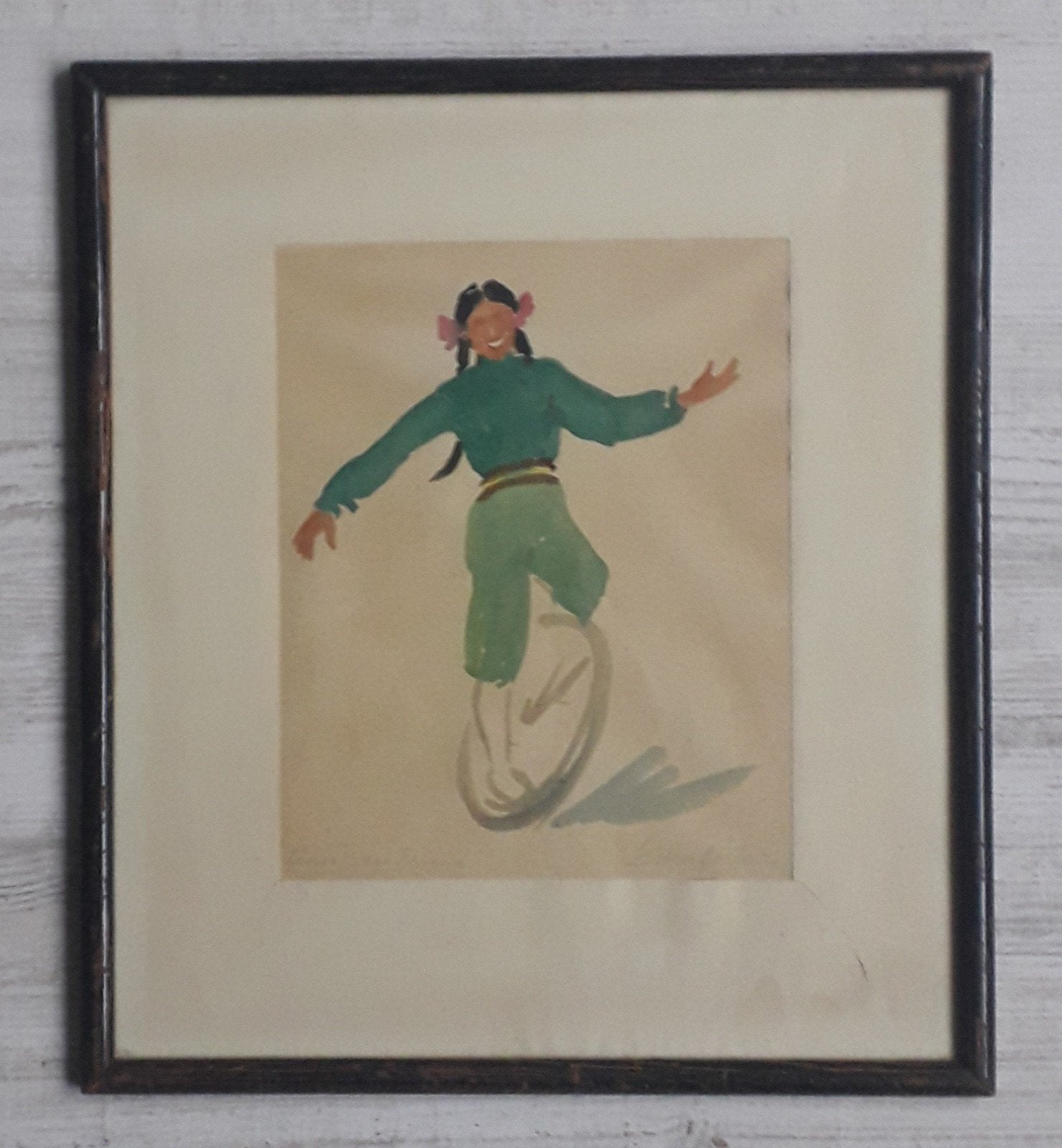 CIRCUS ARTIEST OP EENWIELER>APARTE FIETS🚲GESIGNEERD AQUAREL, Antiek en Kunst, Portret of Personen, Ingelijst, Ophalen of Verzenden