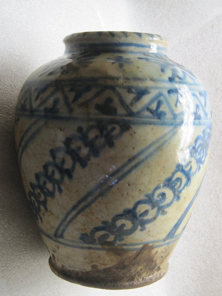 Perzisch ca 1800 blauw wit vaas voorraadpot Persian jar 28cm, Ophalen