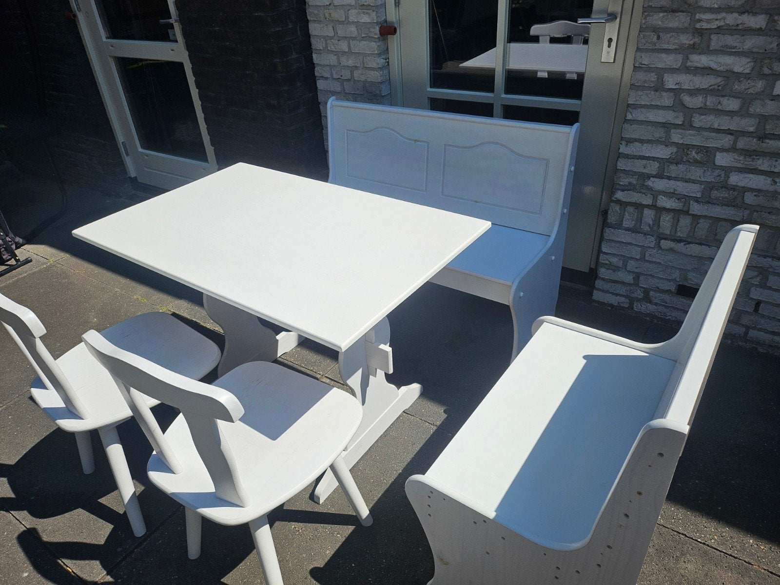Witte eettafel met bank en stoelen - Landelijke stijl, Ophalen, Gebruikt, 100 tot 150 cm, 50 tot 100 cm