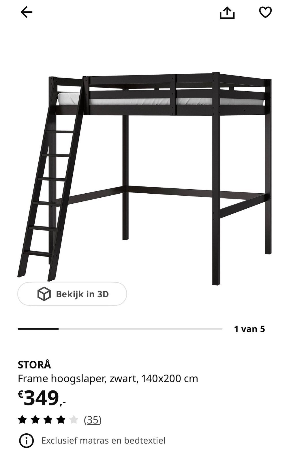 IKEA Stora hoogslaper zwart - Zelf demonteren - incl matras, Ophalen, Gebruikt, 90 cm, Eenpersoons