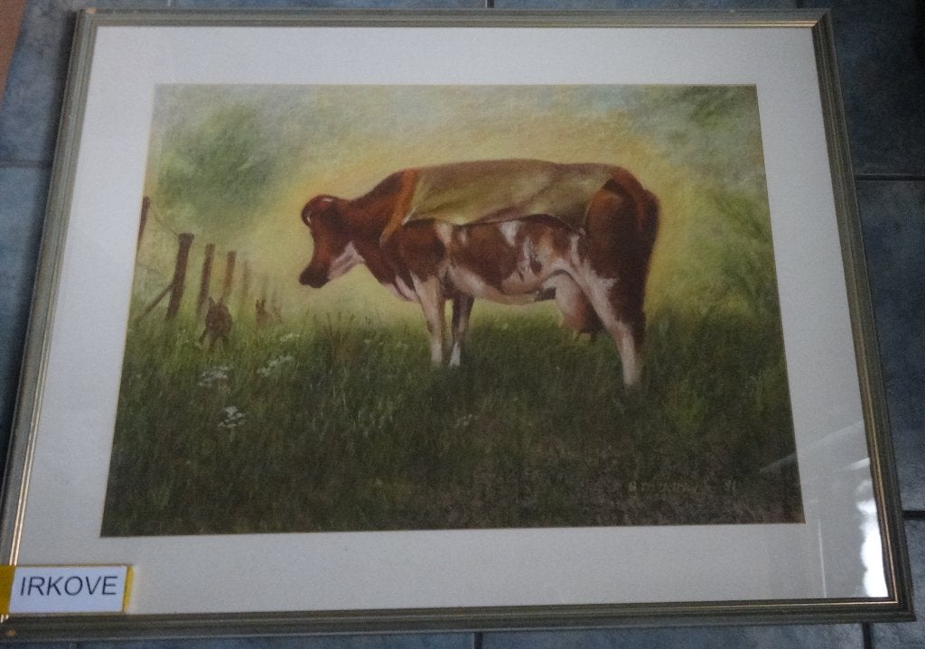 KOE EN HAZEN * KRIJT GEMENGDE TECHNIEK * In Lijst *, Dieren, Ophalen of Verzenden, Klassiek, Origineel werk