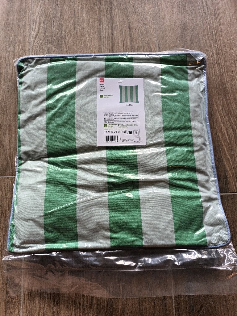 NIEUW Kussen groen gestreept met blauwe bies 40x40 cm (Hema), Ophalen, Vierkant, Nieuw, Sierkussen