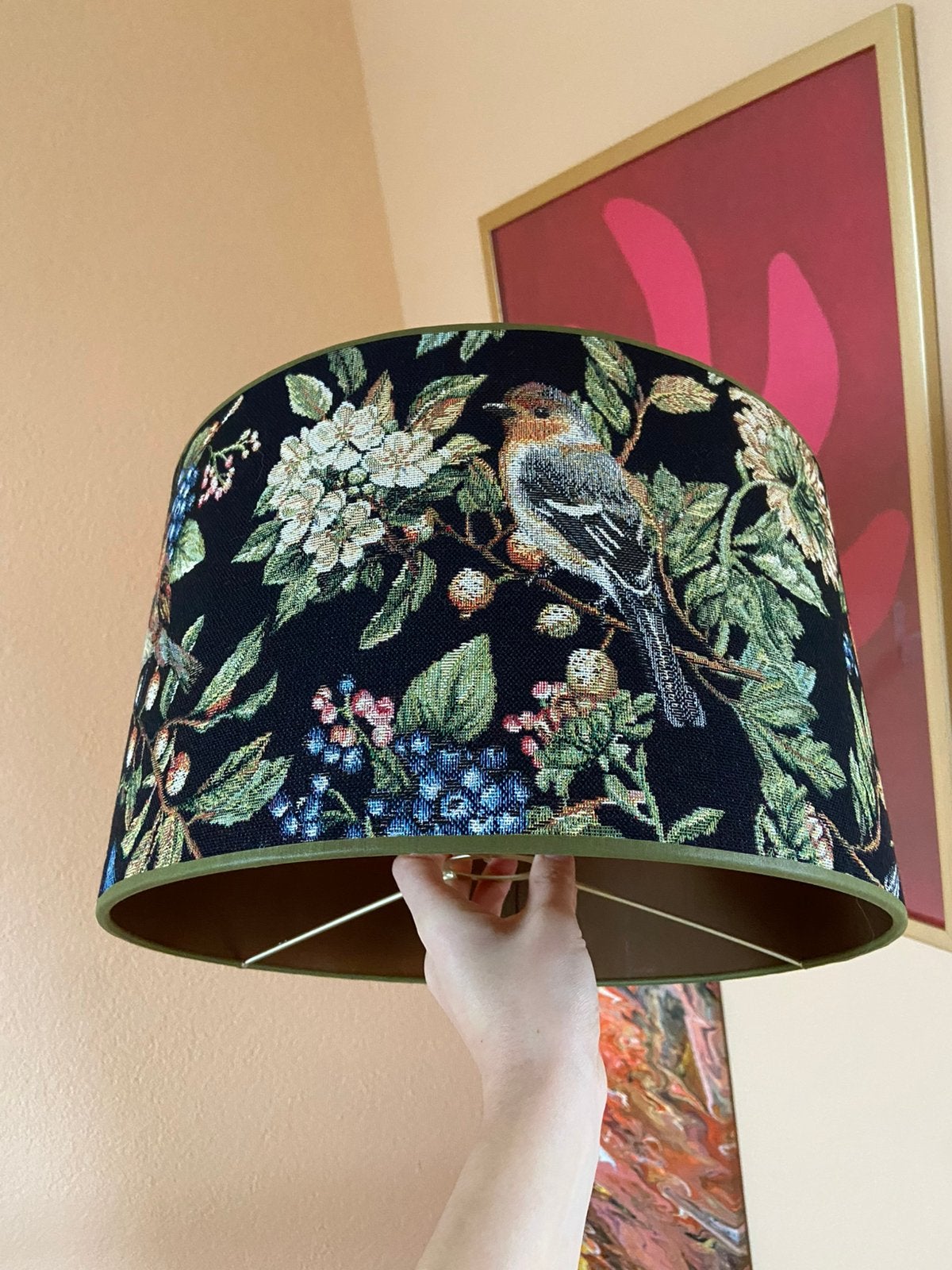 Lampenkap vogel roodborstje natuur bohemian, Ophalen, Bruin, Rond, Zo goed als nieuw