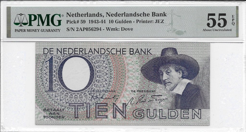 10 gulden 1943 'Staalmeester' PMG 55 EPQ About Uncirculated, Postzegels en Munten, Ophalen of Verzenden, 10 gulden, Los biljet