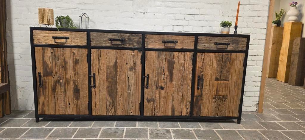 Dressoir metaal en oud teakhout | 200 x 90 x 35 cm, 150 tot 200 cm, 4251NT, Ophalen of Verzenden, Zo goed als nieuw