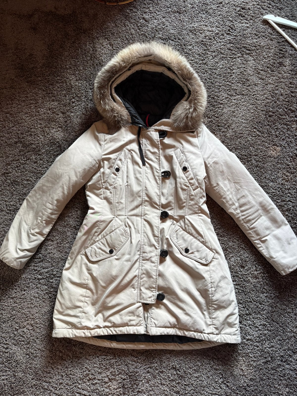 Moncler Jas Dames, Ophalen of Verzenden, Zo goed als nieuw, Maat 46/48 (XL) of groter, Beige