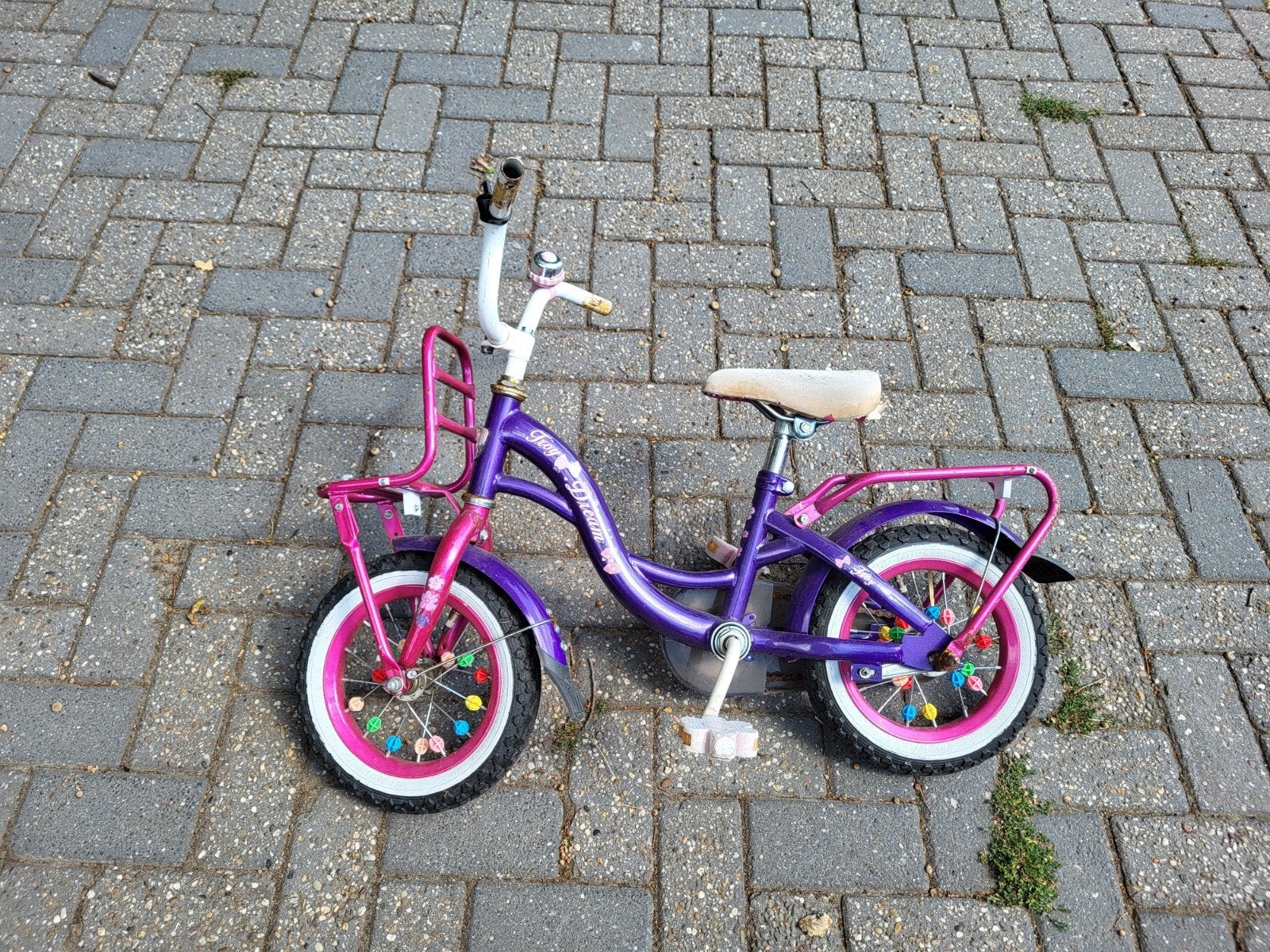 12 inch Troy Dream fietsje, paars/roze, t.e.a.b., Ophalen, Terugtraprem, Zijwieltjes, Gebruikt