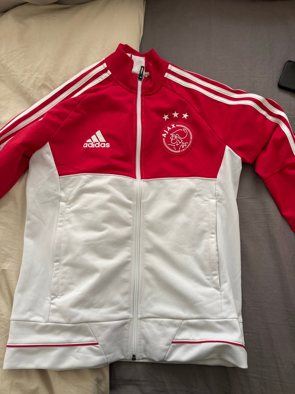 Ajax Adidas Trainingsjack Rood Wit Maat L (13-14 jaar), Overige maten, Ophalen of Verzenden, Zo goed als nieuw, Voetbal