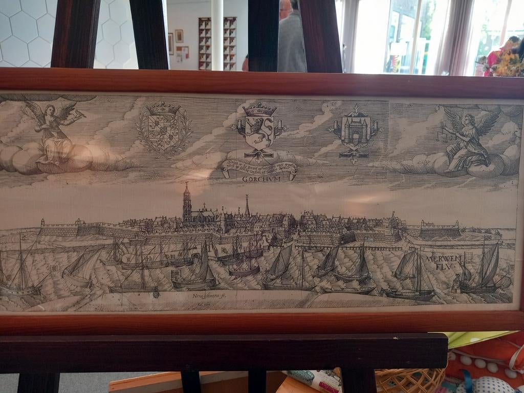 Antieke prent Gorinchem - Stadsgezicht met wapenschilden, Antiek en Kunst, Kunst | Etsen en Gravures, Stadsgezicht, Gravure, Ingelijst
