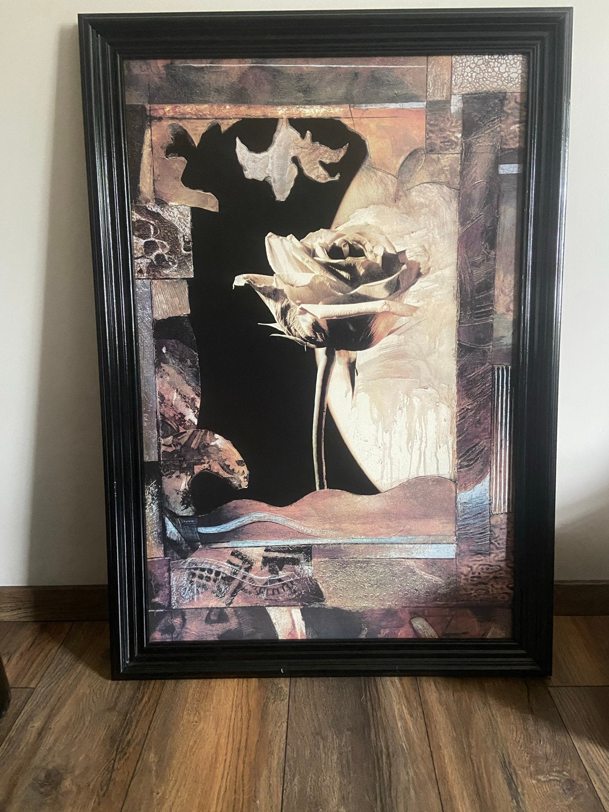 Schilderij met roos - 67 x 97 cm, Antiek en Kunst, Kunst | Schilderijen | Klassiek, Realistisch, Overige ondergronden, Print, Ingelijst