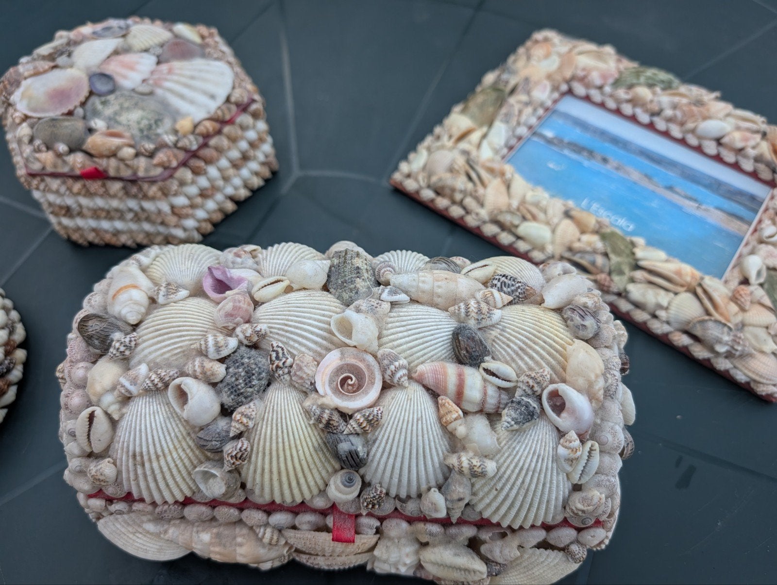 vintage schelpen sieraden doosjes en fotolijst, Antiek en Kunst, Ophalen of Verzenden