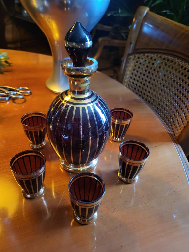 Vintage Boheems Robijnrode Karaf Set met Kobaltblauwe Accent, Ophalen of Verzenden