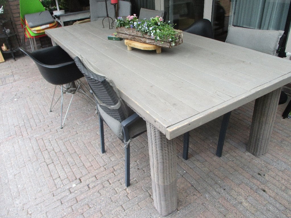 Robuuste Tuintafel van stijgerhout , en riet, Ophalen, Gebruikt, Rechthoekig, Hout
