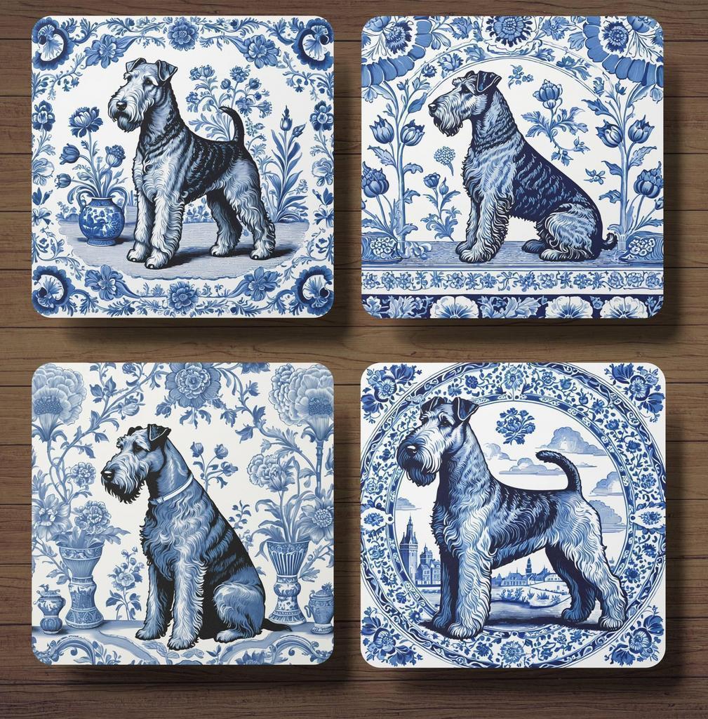 Airedale Terriër Delfts Blauw onderzetters met houder, Ophalen of Verzenden, Nieuw, Glas of Kopje