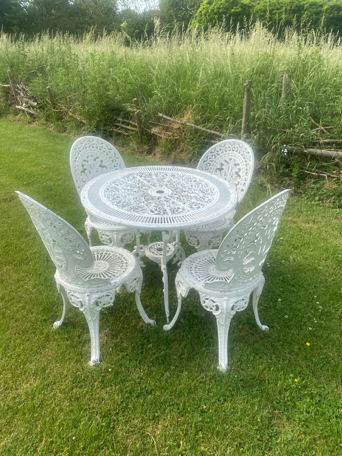 Gietijzeren tuinset - 4 stoelen en tafel, Tuin en Terras, Ophalen, Gebruikt, Eettafel, Tuinset