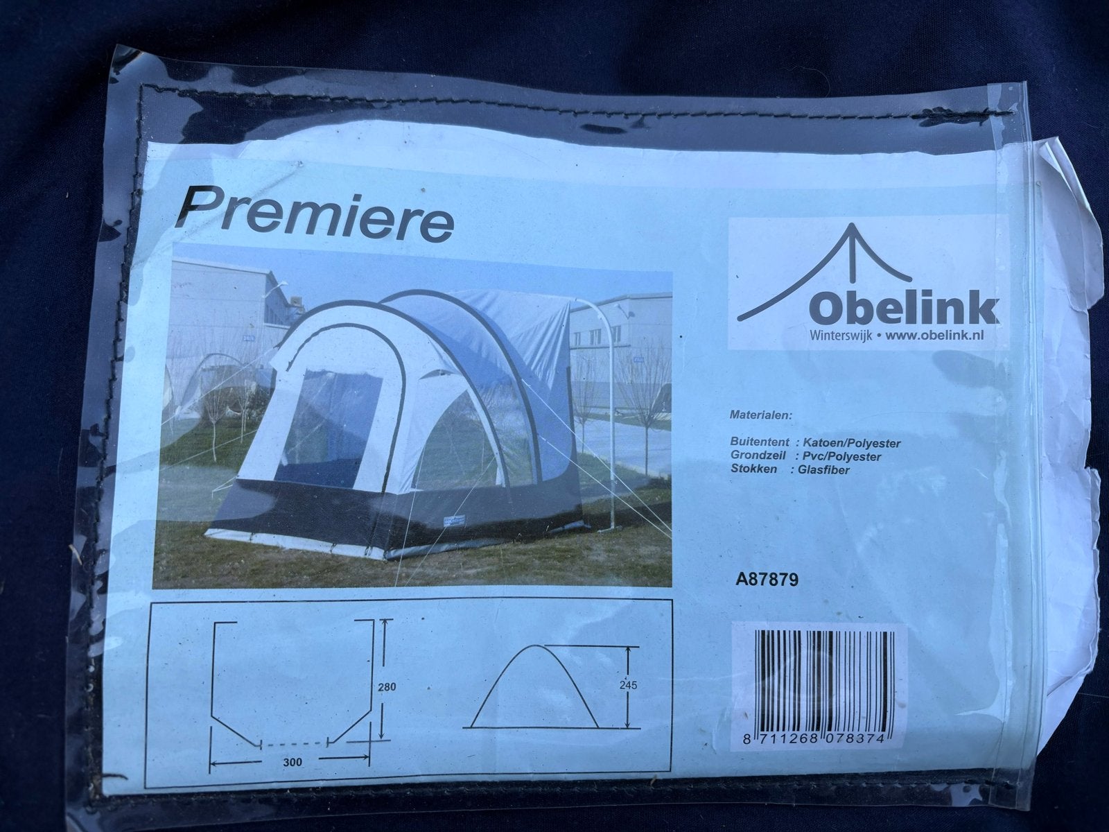 Obelink Première deeltent - Blauw/Grijs - Compleet, Ophalen, Gebruikt