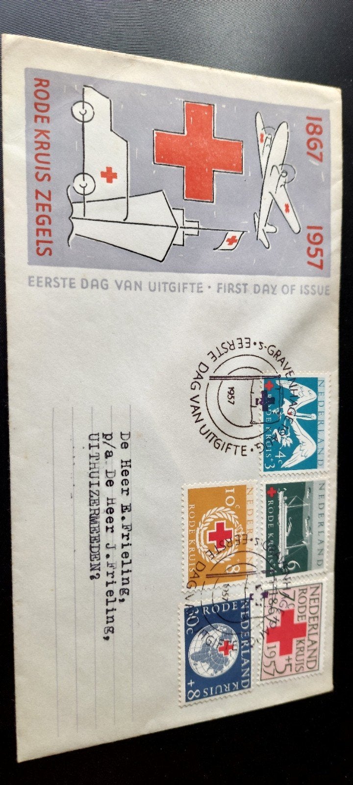 Eerste dag envelope E31 rode kruis zegels 1957, Postzegels en Munten, Ophalen, Beschreven, Nederland