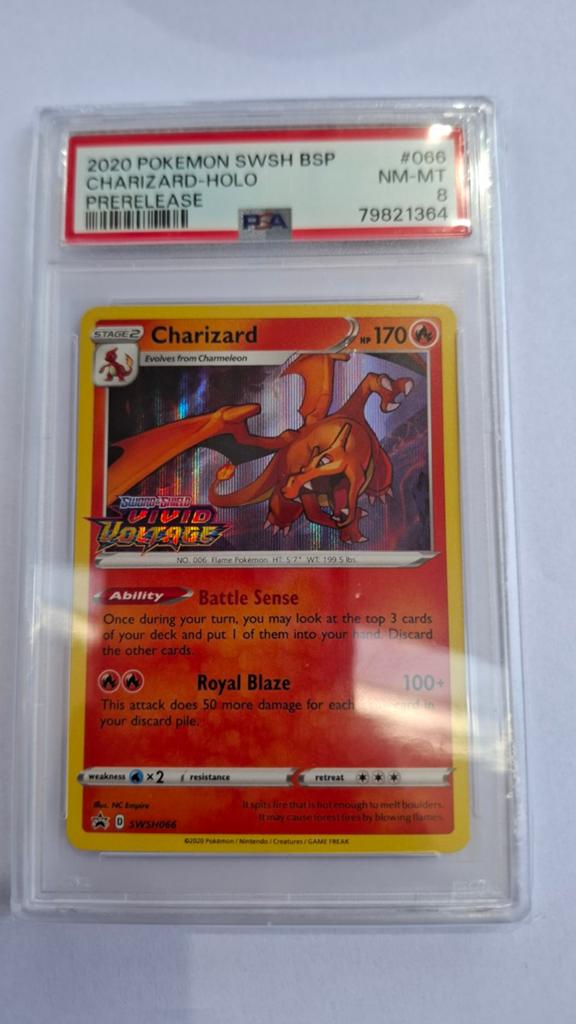 PSA 8 Charizard Holo SWSH066 Vivid Voltage Prerelease, Ophalen of Verzenden, Zo goed als nieuw, Losse kaart, Foil