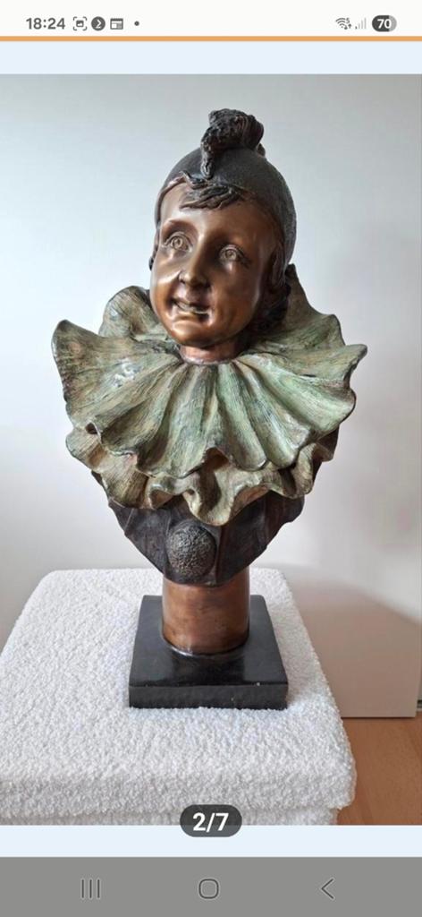 Bronzen Buste van Pierrot op Marmeren Sokkel, Ophalen, Buste, Gepatineerd, 50 - 100 cm
