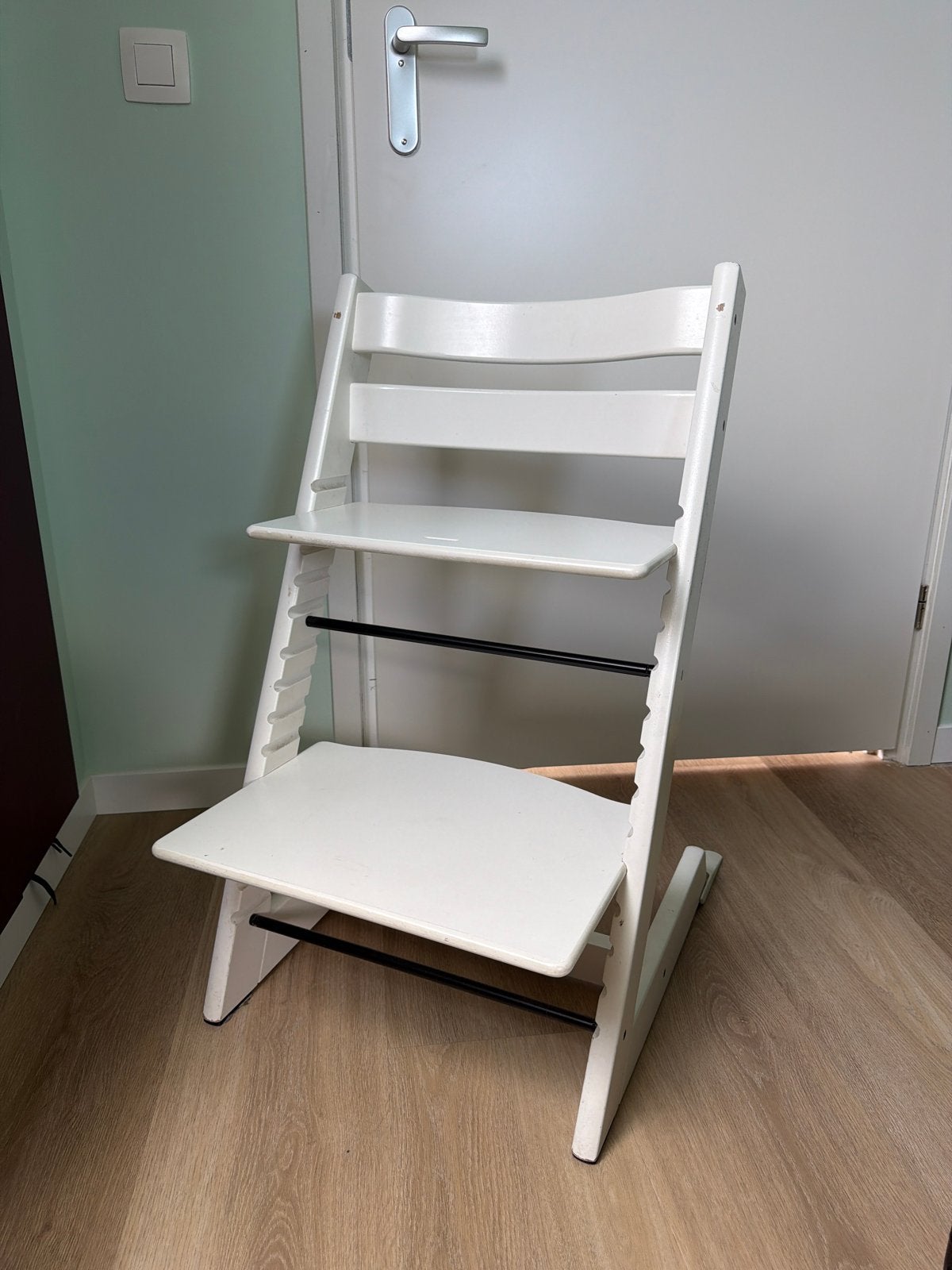 Witte Stokke Tripp Trapp met extended gliders, Ophalen, Gebruikt, Meegroeistoel, Aanschuifbaar