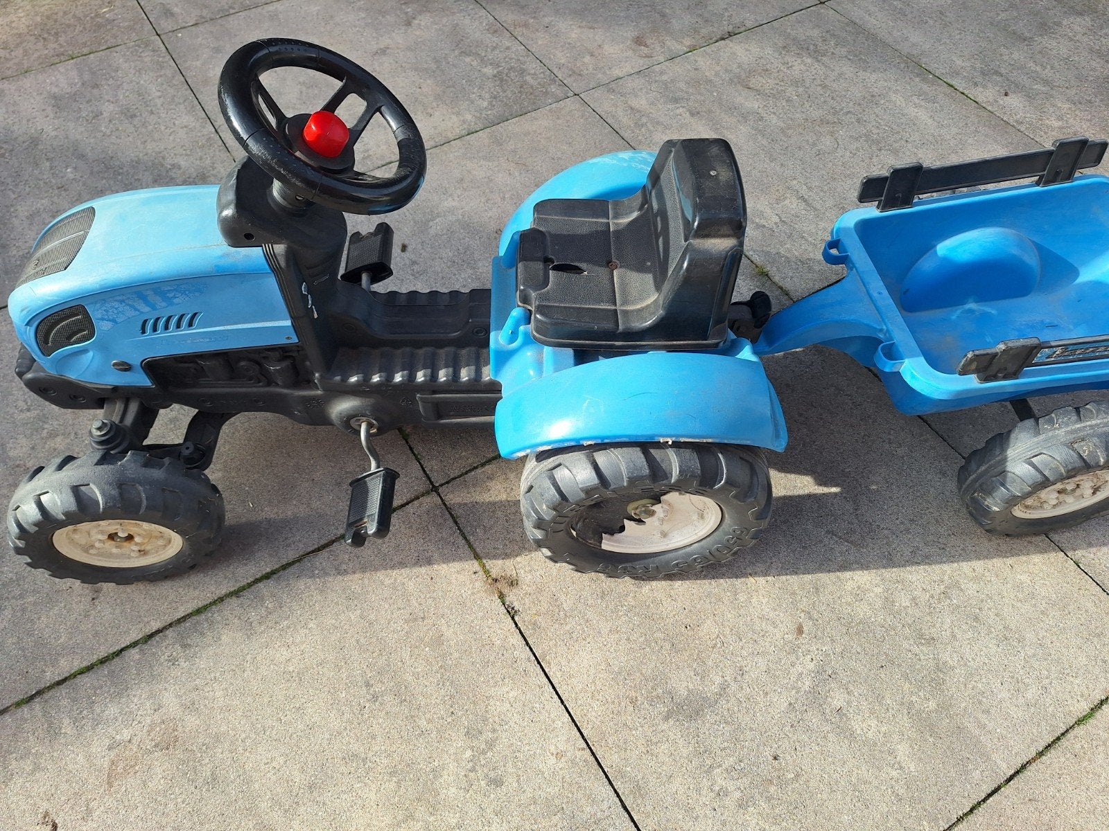 Blauwe traptractor met aanhanger, Ophalen, Gebruikt, Trapvoertuig