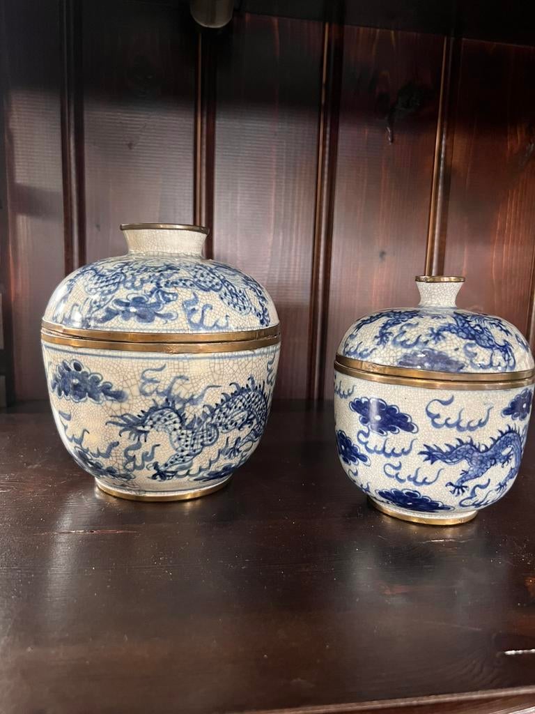 Antieke Chinese dekselpotten set blauw/wit draak, Ophalen of Verzenden