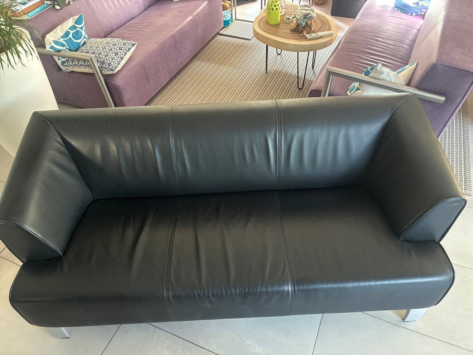 Rolf Benz 3-zitsbank zwart leer, Ophalen, 250 tot 300 cm, Gebruikt, Driepersoons