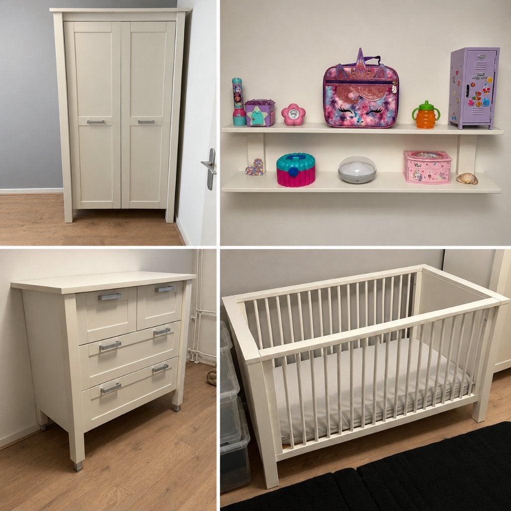 Complete babykamer (wit) – kast, commode, ledikant, wandrek, Ophalen, Zo goed als nieuw, Jongetje of Meisje