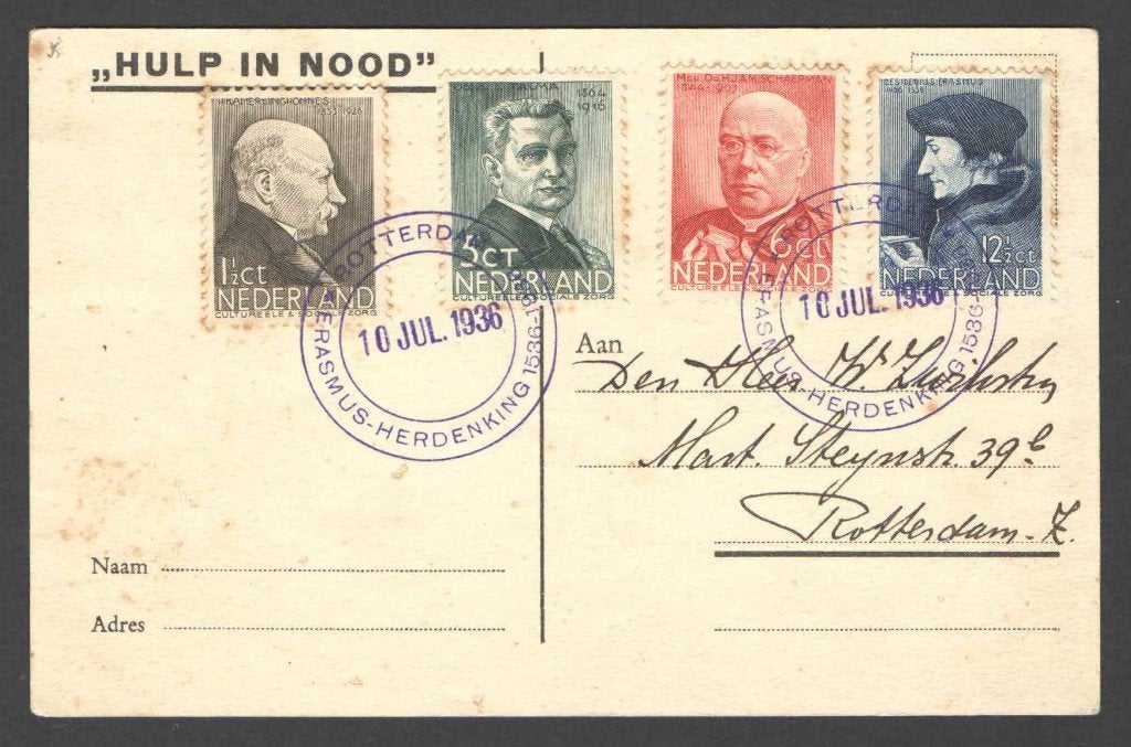 Nederland Ansichtkaart met 283/6 Herdenking Erasmus, Postzegels en Munten, Brieven en Enveloppen | Nederland, Ophalen of Verzenden