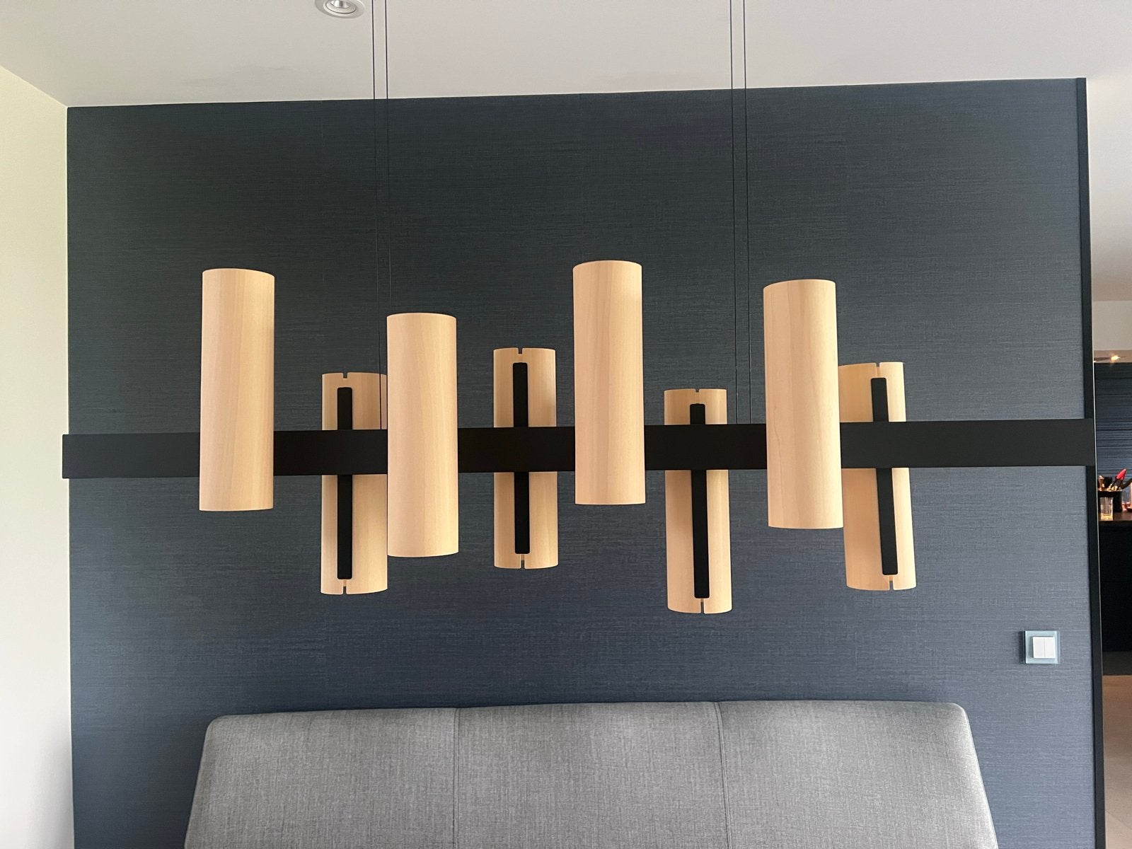 Moderne houten hanglamp - design verlichting, Ophalen of Verzenden, Zo goed als nieuw, Hout, Overige fittingen