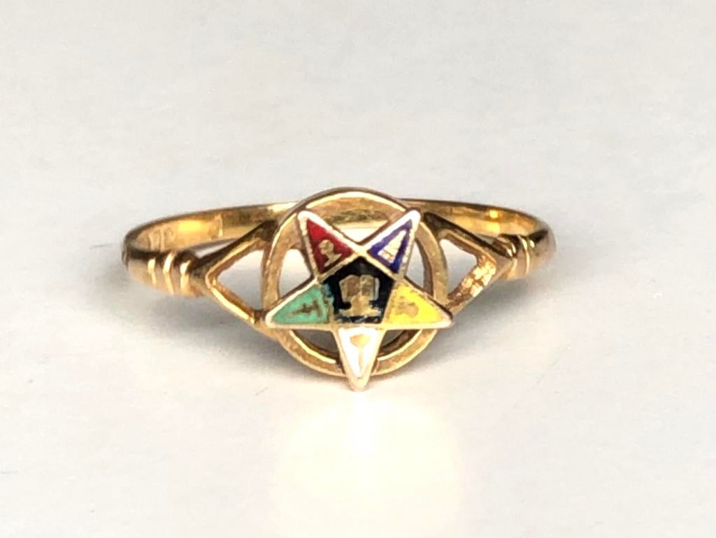 Vintage 9k gouden ring emaille masonic maat 18 1/4, 18 tot 19, Ophalen of Verzenden, Zo goed als nieuw, Dame