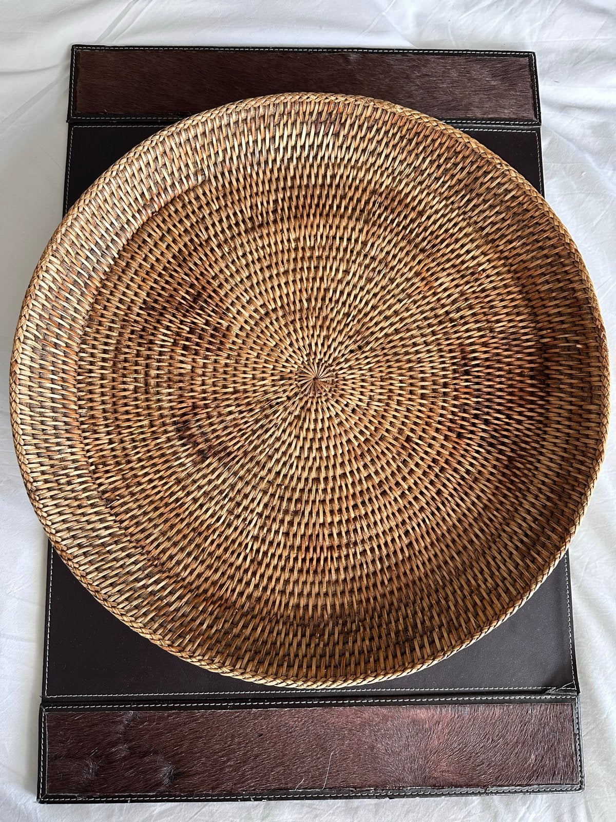 Birma riet ronde schaal/dienblad - 40 cm, Gebruikt, Schaal, Rond, Ophalen of Verzenden