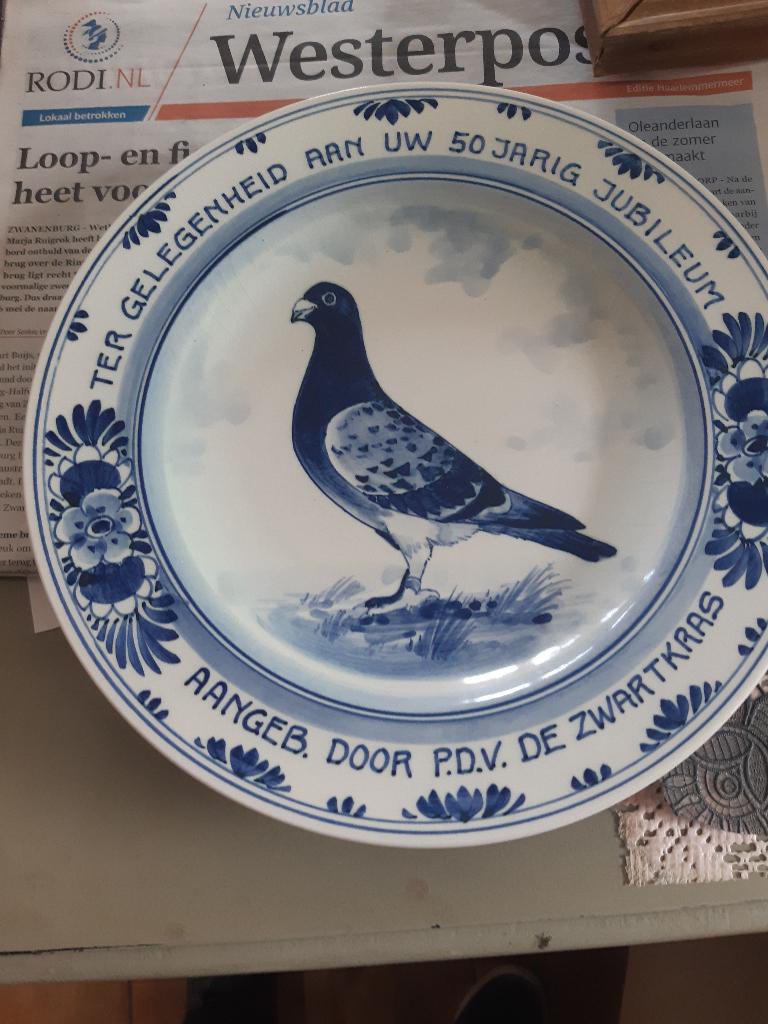 mooi bord met titel van postduivenclub de zwartkras, Mannelijk, Postduif